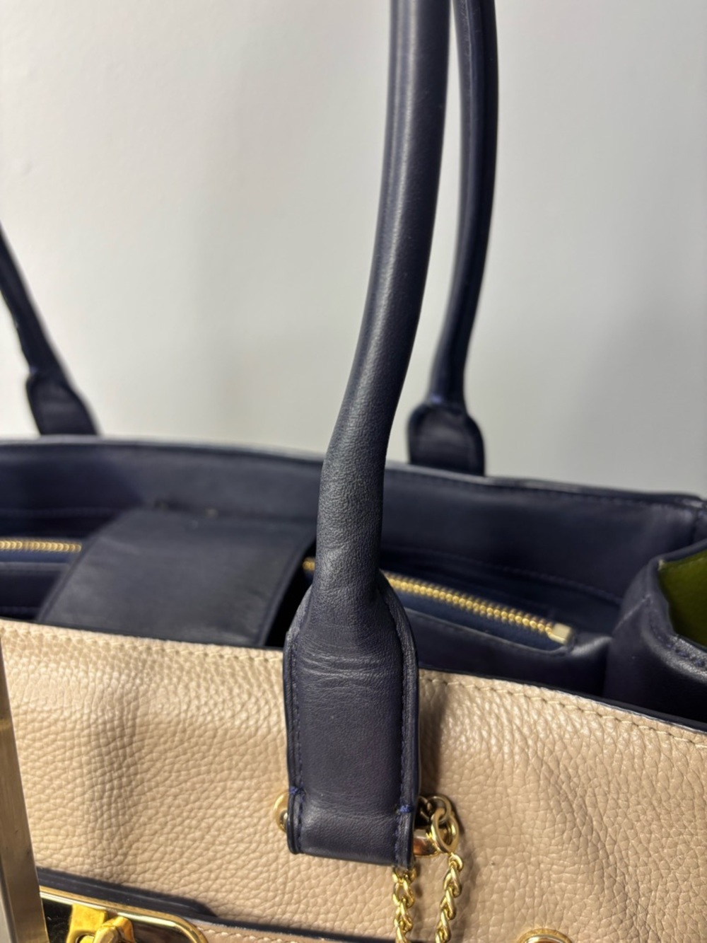Coach 2015 Swagger Carryall Colorblock Leather Tote Satchel STONE Green Navy EUC - Picture 10 of 15